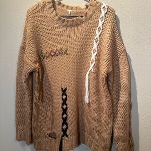 Chunky Knit Oversized Sweater w/ Colorful Lace-Up Details